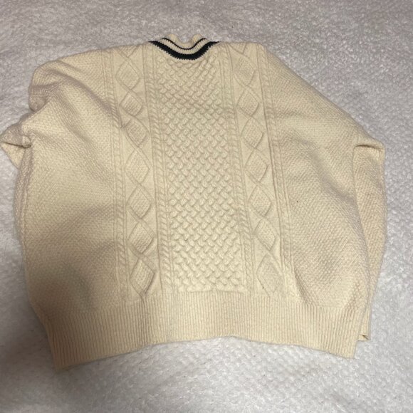 Academia V Neck Tennis Sweater Med White Cricket Cable Hand Knit - Picture 2 of 3